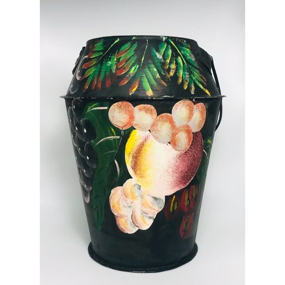 Vintage Tole Painted Bucket Handle Hand Painted Metalware Toleware 8" Black - Picture 3 of 10